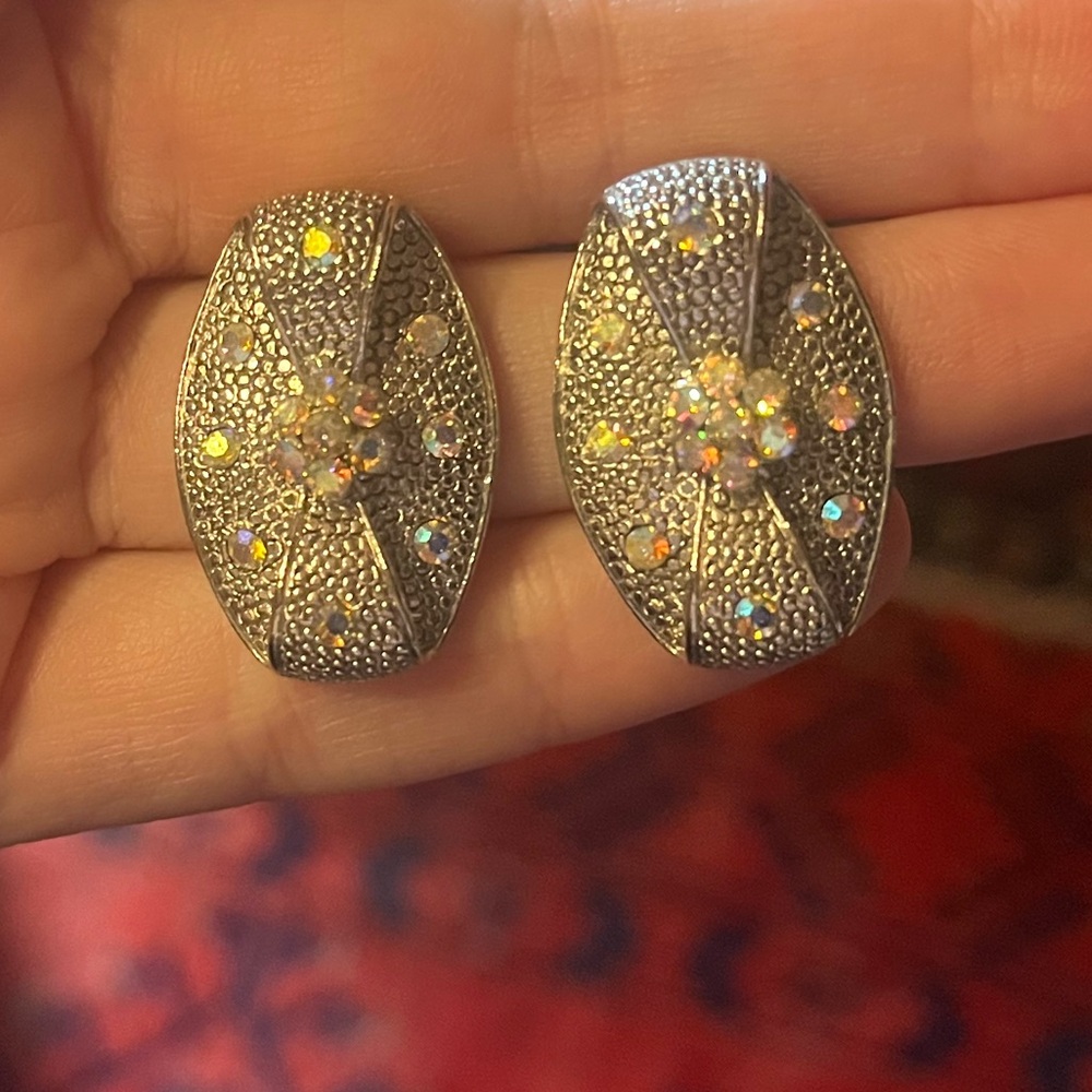 Vintage Silver Tone Abstract Aurora Borealis Stone Earrings